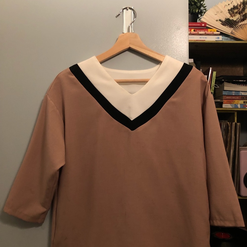V-neck Beige Top with Striped Details